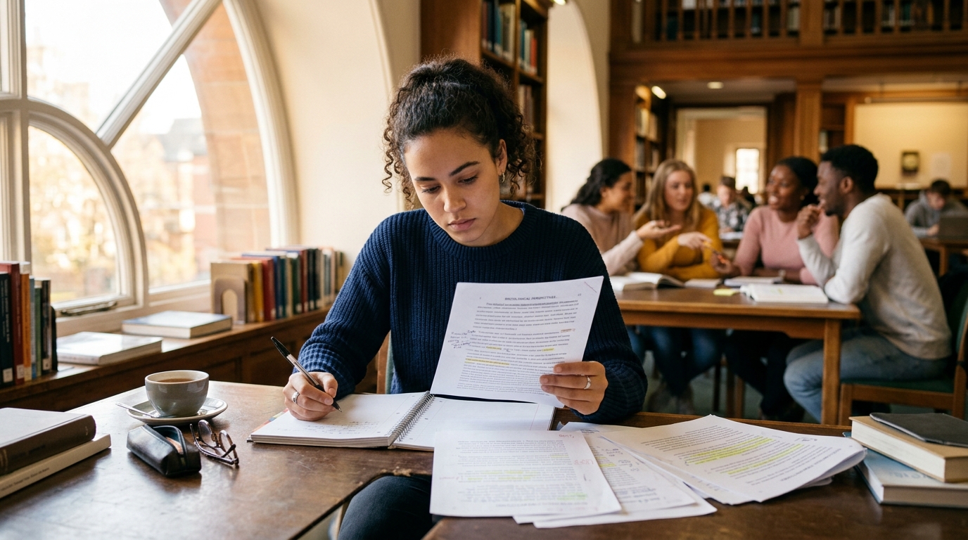 Studentka socjologii nad rozdziałem cel pracy w sali seminaryjnej